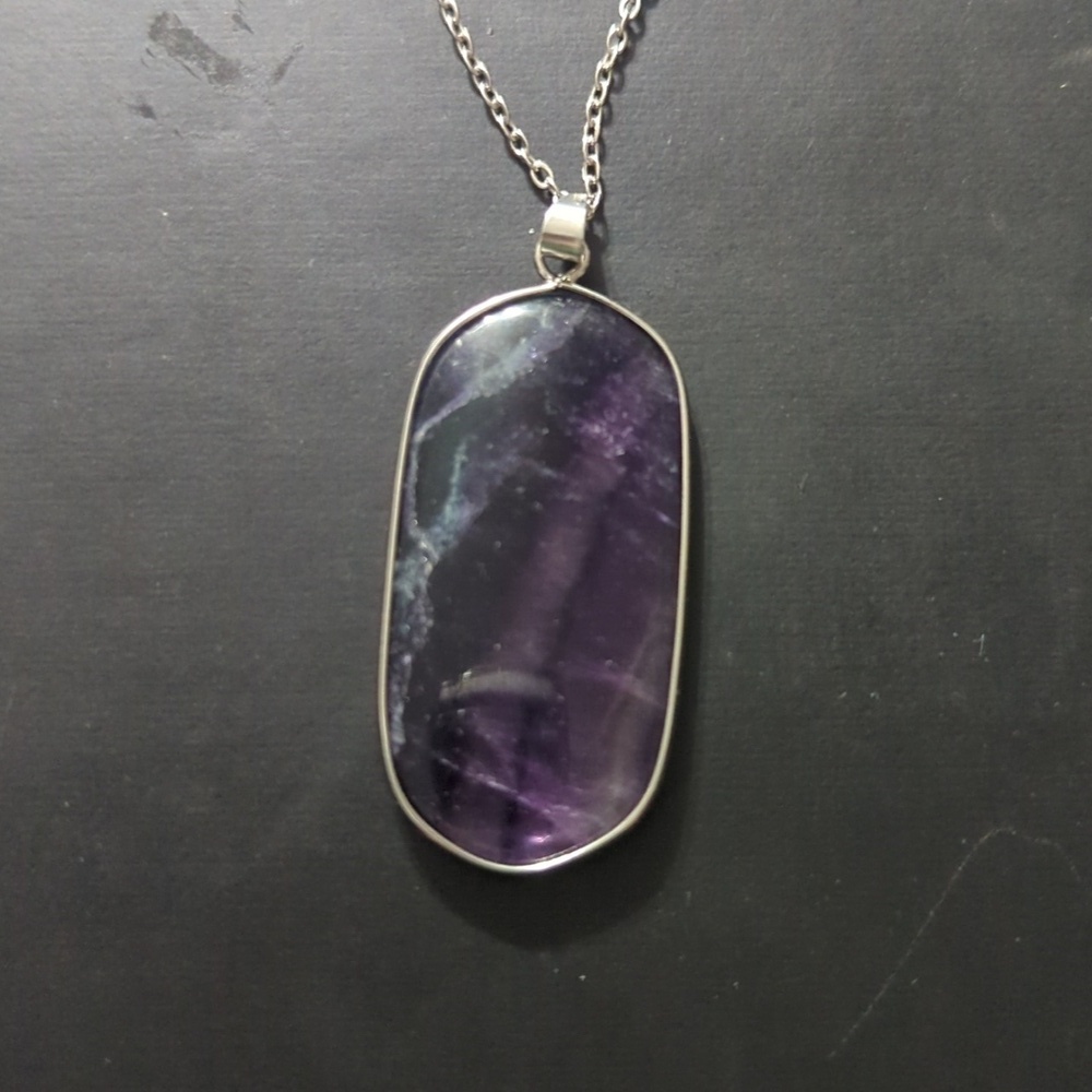 Silver Tone Purple Fluorite Gemstone Oval Pendant Statement Necklace